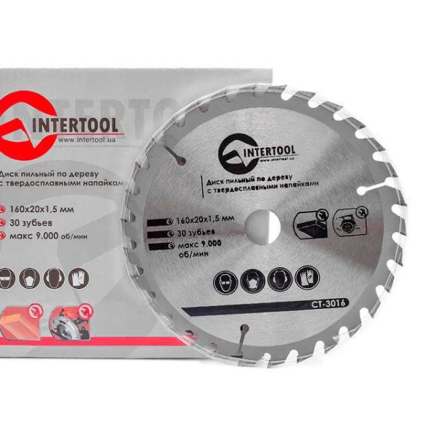 Диск пильний по деревині із твердосплавними напайками 160x20x1.5 мм, 30 зубів INTERTOOL CT-3016