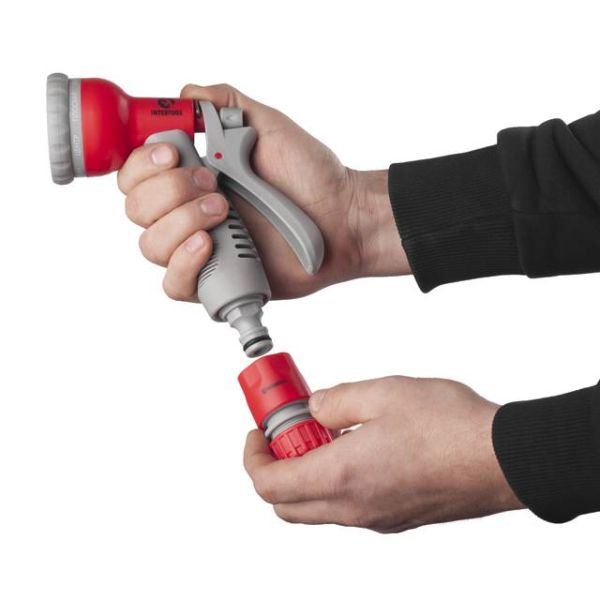 Пістолет-розпилювач для поливу 8-ми функціональний (центральний, туман, душ, кутовий, повний, злива, конічний, плаский) + адаптер універсальний з внутрішньою різьбою 1/2" та 3/4", конектор 1/2" для шлангу 1/2", конектор з аквастоп INTERTOOL GE-0002