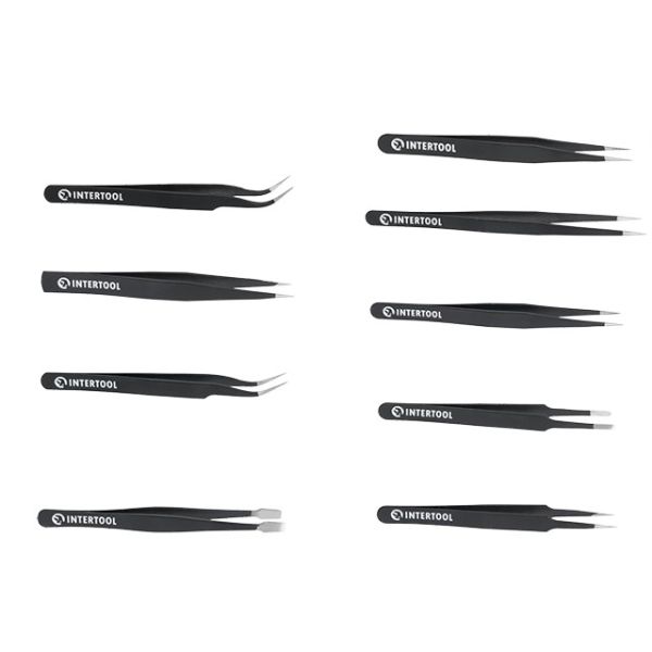 Набір пінцетів радіотехнічних 9 од., антистатичні, в чохлі INTERTOOL NT-6002