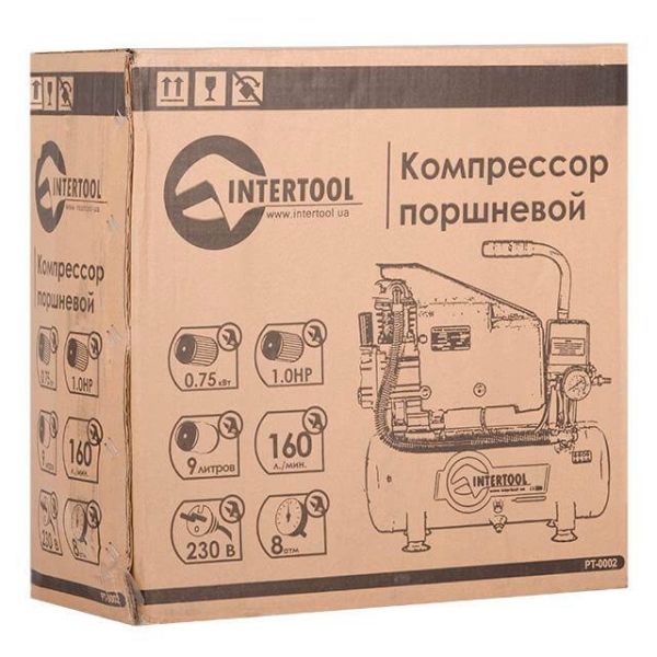 Компресор 9 л, 0.75 кВт, 220 В, 8 aтм, 160 л/хвил INTERTOOL PT-0002