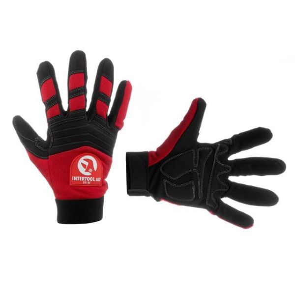 Рукавичка з мікрофібри з тканини, червона з чорними вставками спандексу. На долоні посилене неопренове покриття, вкрита нітрилом на липучці 10" INTERTOOL SP-0143