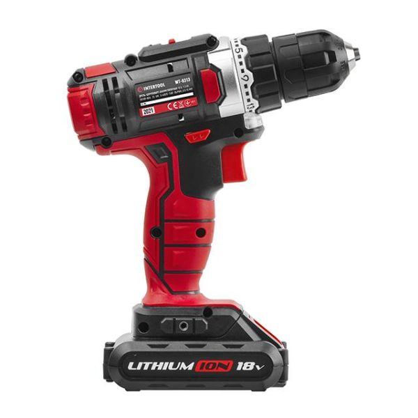 Дриль-шурупокрут акумуляторний Li-Ion 18 В, 25 Nm, 0-400/0-1500 об/хв, 1,3 Аг INTERTOOL WT-0313