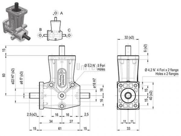 DZ L-форма AB 2 фланца i=1 D= 8 mm Конический редуктор