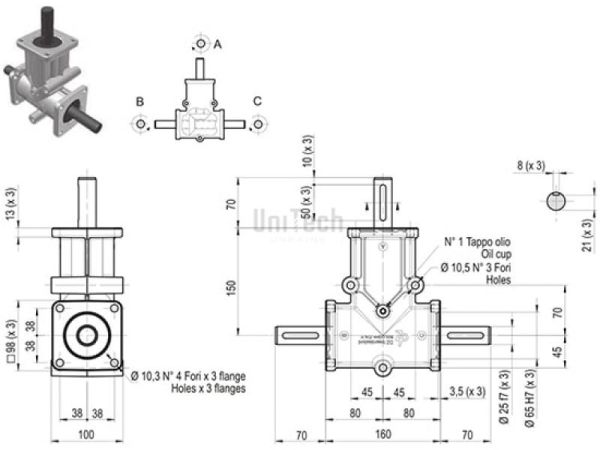 DZ L-форма AB 3 фланца i=2 D=25 mm Конический редуктор