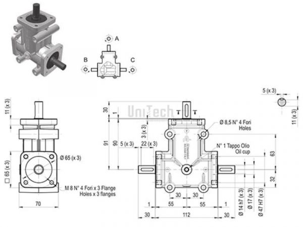 ZP L-форма AB i=2 D=14 mm Конический редуктор
